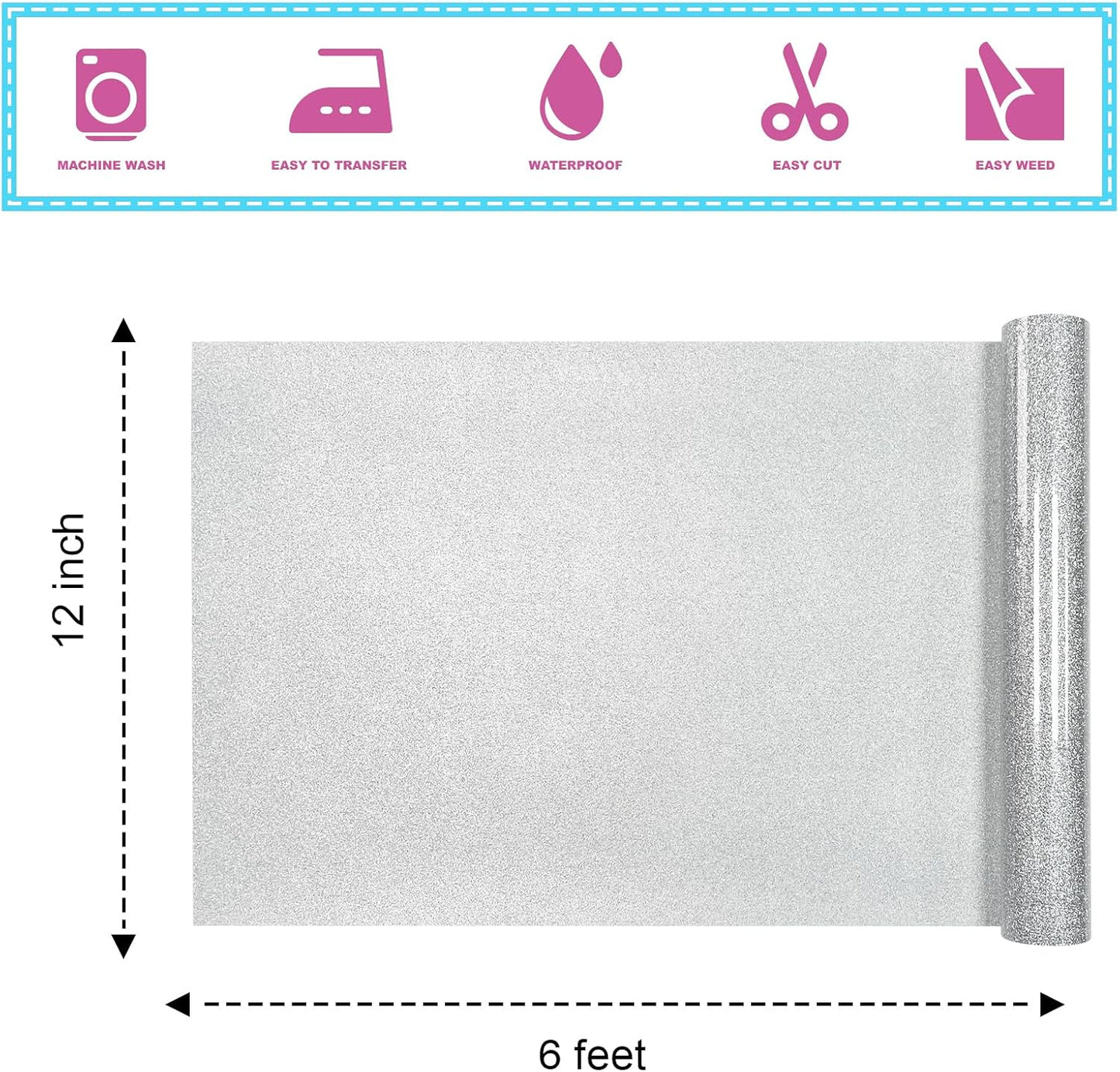 Silver Glitter Heat Transfer Vinyl 12Inch*6FT Glitter Iron on Vinyl for T Shirts Easy to Cut and Weed Compatible with All Cutter Machines HTV Vinyl Iron on for Cricut (Silver12Inches*6Ft)