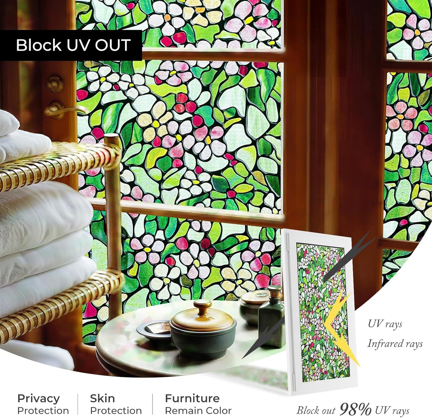 3D Stained Glass Window Film, Decorative Window Privacy Film for Bathroom,Front Door,Home, Sun Blocking Heat Control,Static Cling,23.6inch x 35.4inch Blossomray