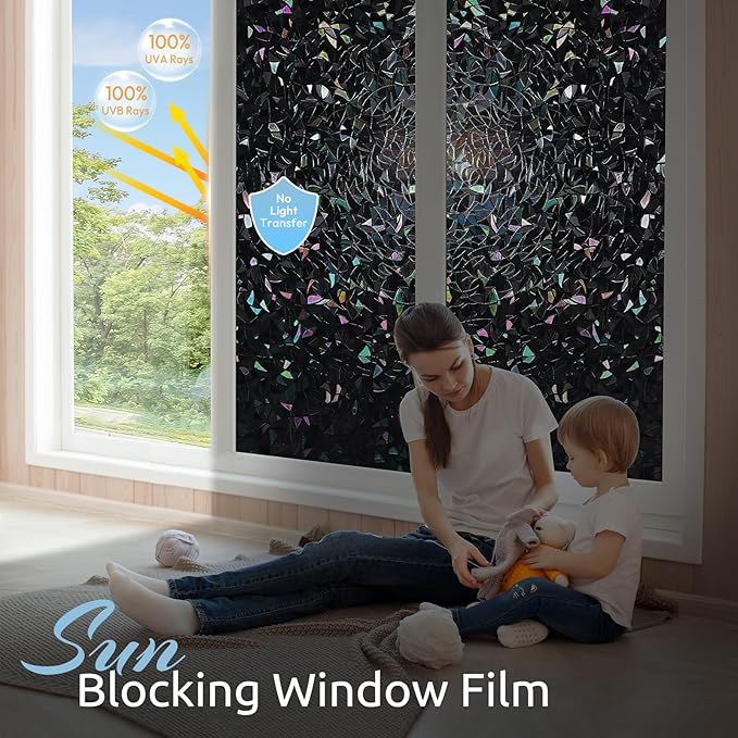 rabbitgoo Window Privacy Film Rainbow Film Decorative Window Sticker, 3D Static Stained Glass Cling Tint for Room Darkening Day Sleep, Black, 29.5 x 157.4 inches