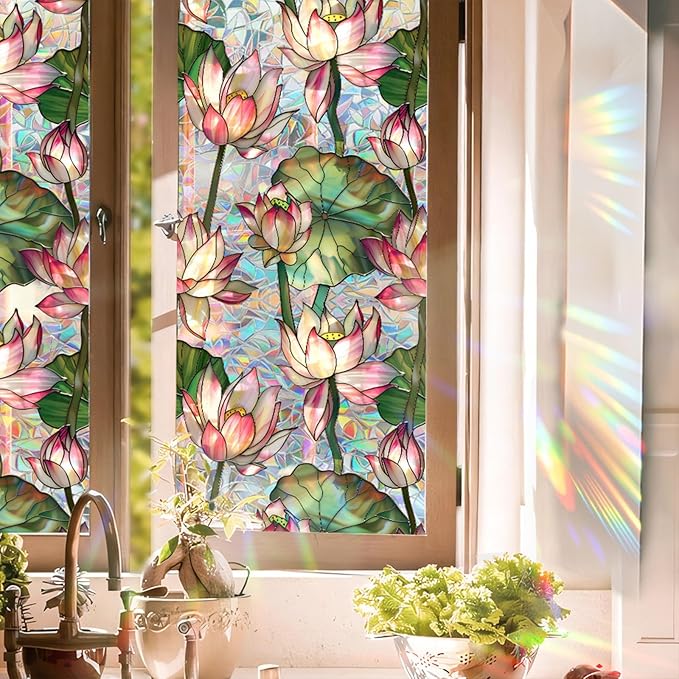 Stained Glass Window Film UV Resistant Window Privacy Film Lotus Floral Privacy Rainbow Decals Living Room Bedroom Sun Blocking Decor Removable Static Cling Stickers 17 x 39.37 Inch