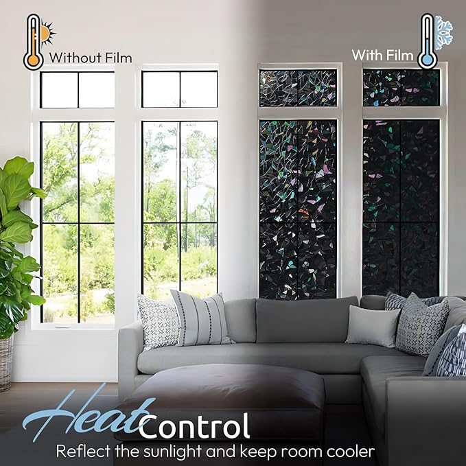 rabbitgoo Window Privacy Film Rainbow Film Decorative Window Sticker, 3D Static Stained Glass Cling Tint for Room Darkening Day Sleep, Black, 35.4 x 118.1 inches