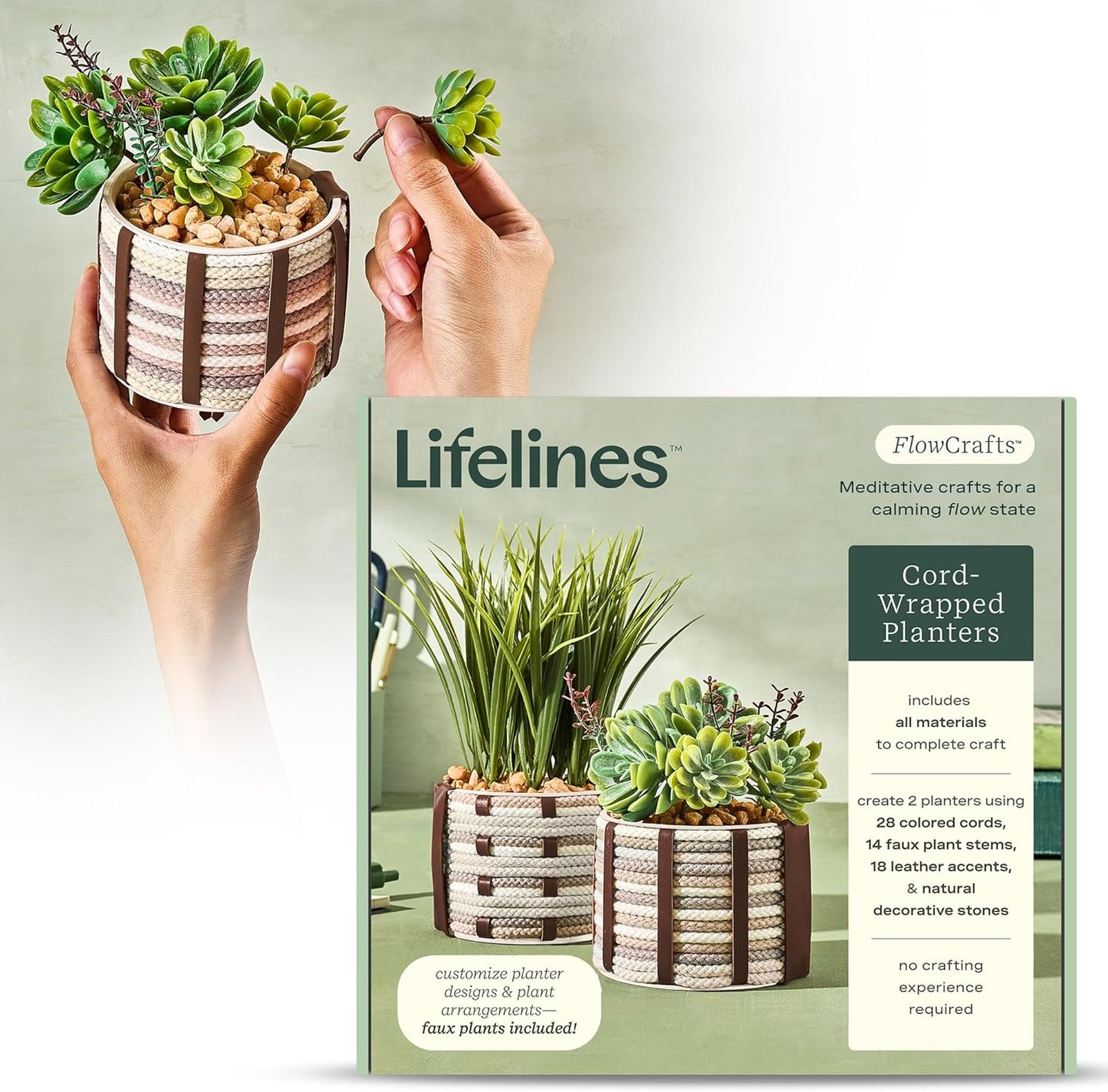 Lifelines FlowCrafts, Cord-Wrapped Planters - Create 2 Unique Planters with Cords in Multi-Colors, Leather Accents, Faux Plant Stems & Decorative Stones - Sensory Arts & Crafts Kit for Teens & Adults