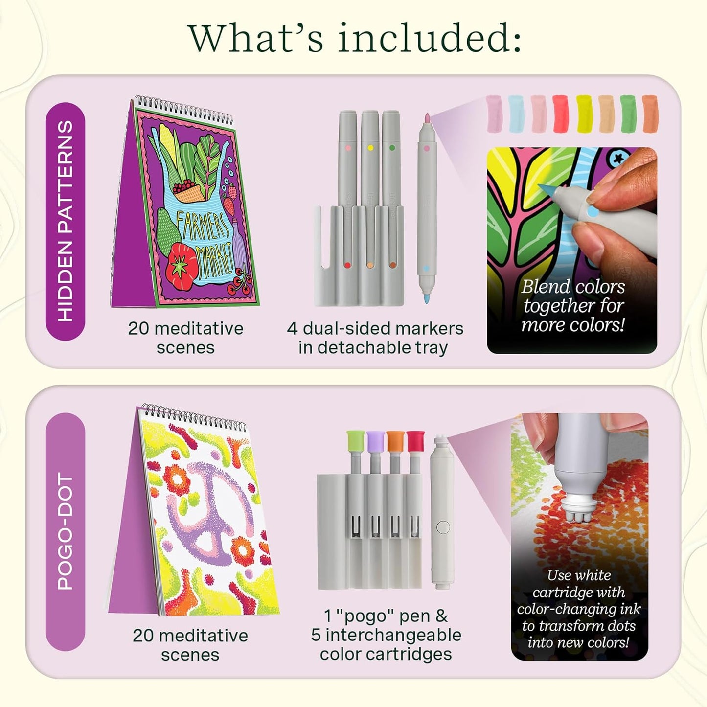 Lifelines FlowArt Activity Pad, 2-Pack & Bonus Pad - Guided Art Meditations with Markers - Hidden Patterns & Pogo-Dot - Coloring Books for Tweens, Adults & Seniors