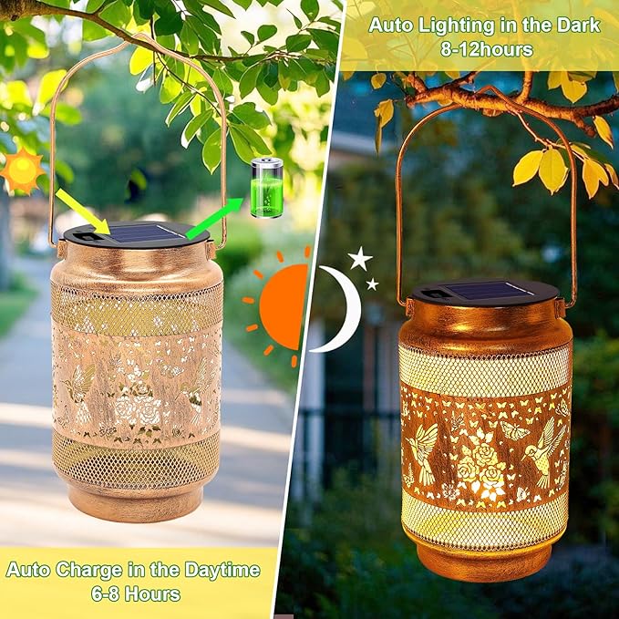 Hummingbird Solar Lanterns Outdoor Waterproof with Shepherd Hook, Birthday Gifts for Women Mom Grandma, Metal Solar Hanging Lights Garden Decor for Outside Yard Patio Pathway Porch