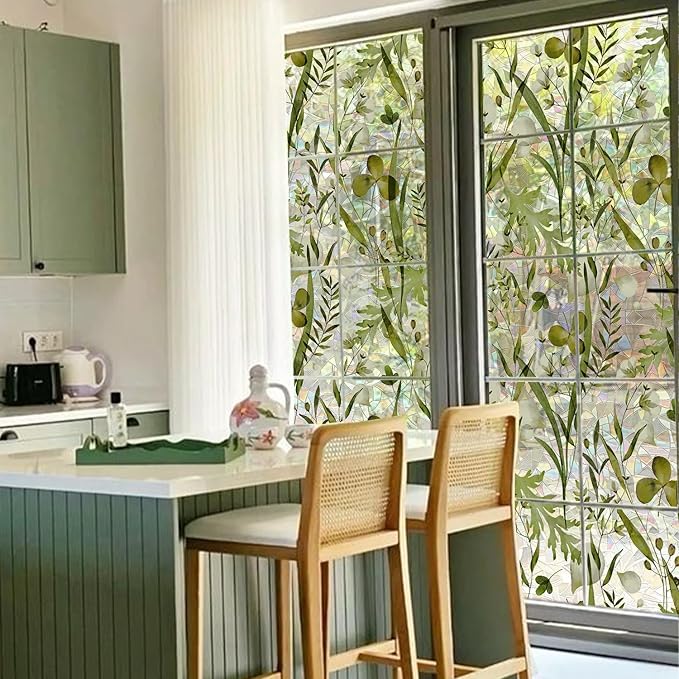 Rainbow Watercolor Green Leaves Window Film, Privacy Iridescent Static Cling Double-Sided Decals for Window Door Glass Decor, Herbs, 118.11" x 29.52"