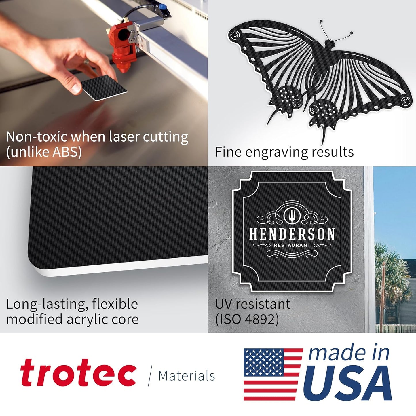 Trotec TroLase | 12"x24"x1/16", 4 Pcs | Carbon/White | 2 Ply | Modified Acrylic | Laser Engraving Double Color Plastic Sheet | Engraving Blanks for Laser, Saw, Guillotine | Made in USA