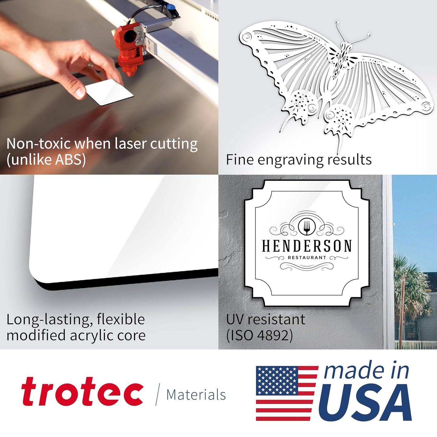 Trotec TroLase | 12"x20"x1/16", 4 Pcs | Gloss White/Black | 2 Ply | Modified Acrylic | Laser Engraving Double Color Plastic Sheet | Engraving Blanks for Laser, Saw, Guillotine | Made in USA