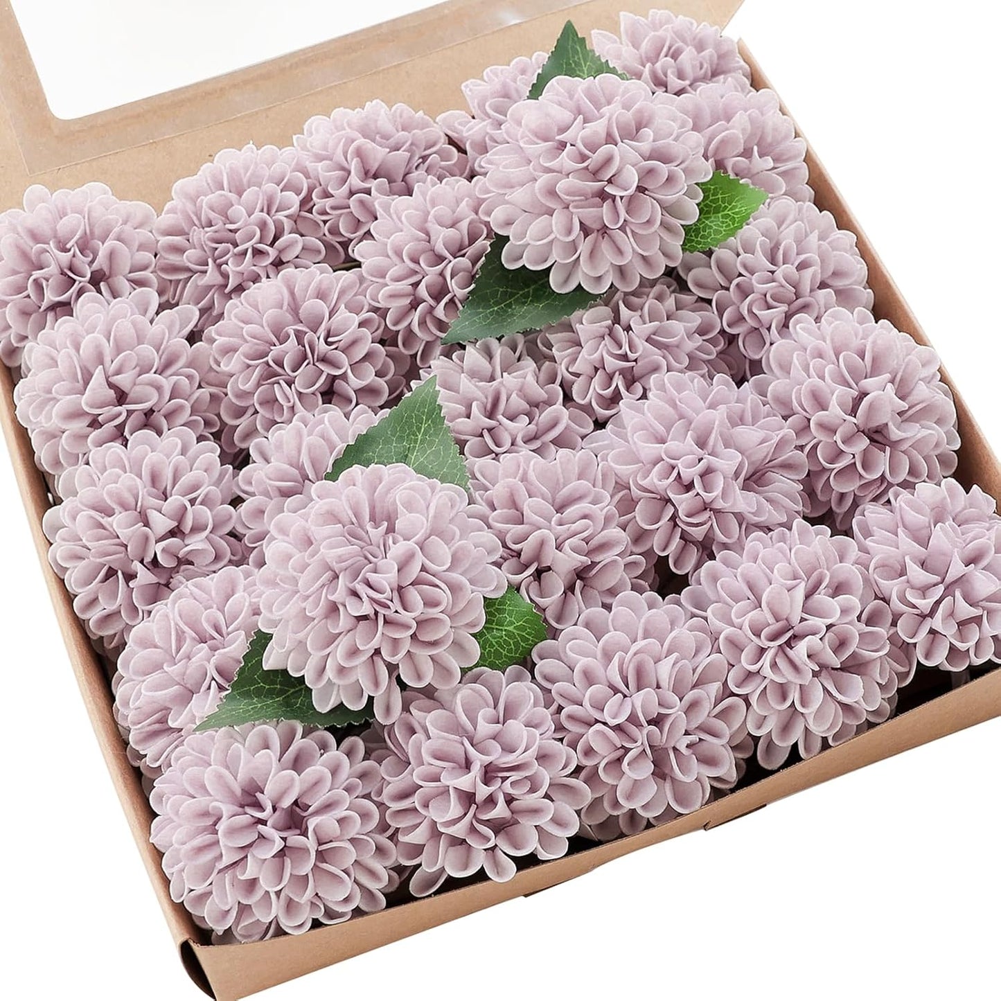 Floroom Artificial Dahlia Flowers 25pcs Real Looking Pale Lavender Foam Fake Roses with Stems for DIY Wedding Bouquets White Bridal Shower Centerpieces Floral Arrangements Party Tables Home Decoration