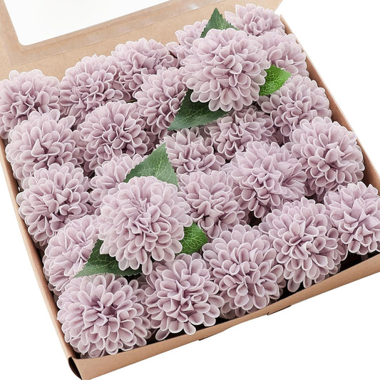 Floroom Artificial Dahlia Flowers 25pcs Real Looking Pale Lavender Foam Fake Roses with Stems for DIY Wedding Bouquets White Bridal Shower Centerpieces Floral Arrangements Party Tables Home Decoration