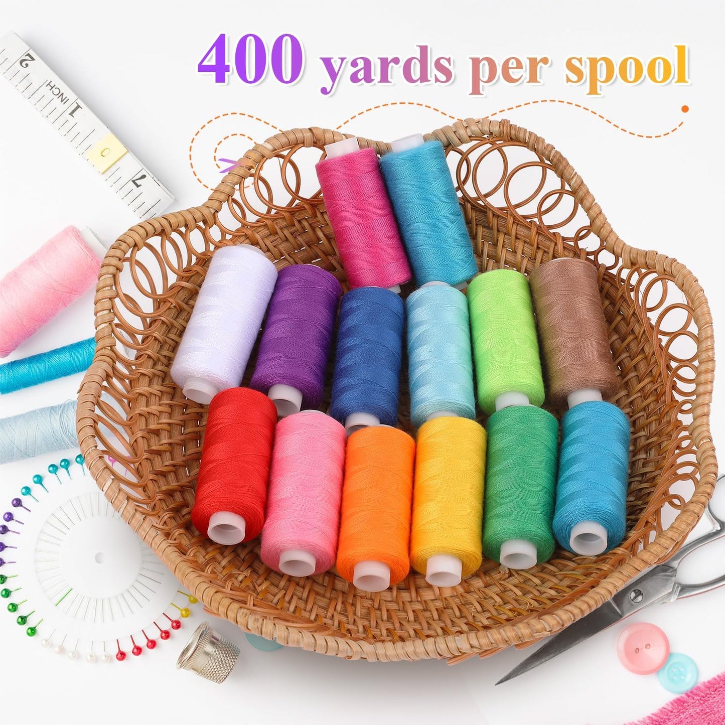 Auvitaya 72pcs Bobbins Sewing Thread Kits, 36 Colors 400 Yards per Spool Polyester Threads with Needles & Threader, Prewound Bobbin Set for Hand and Machine Sewing, DIY and Home