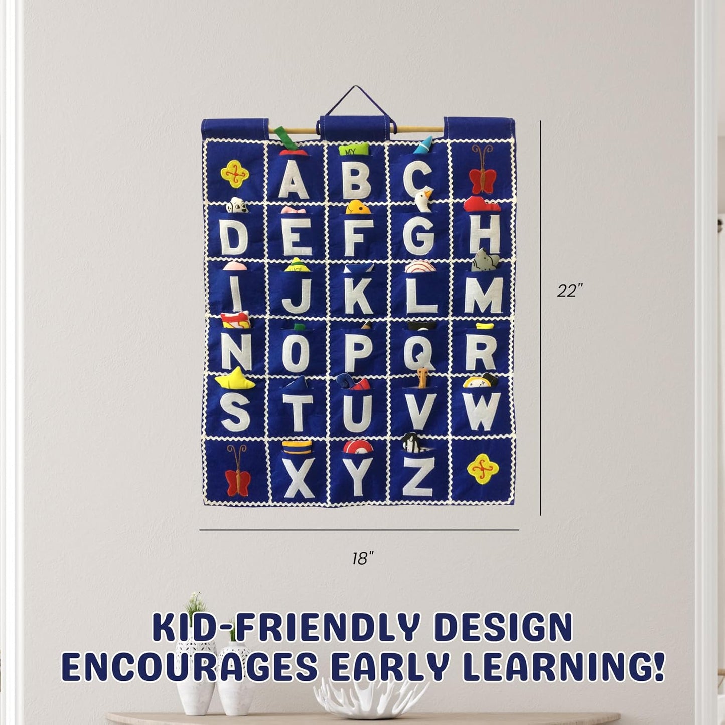 Pockets of Learning ABC Felt Wall Hanging Chart - Early Education Alphabet Fabric Wall Décor for Children's Room | Engaging Educational Learning Art for Kids with Fabric Objects in Pocket (Blue)