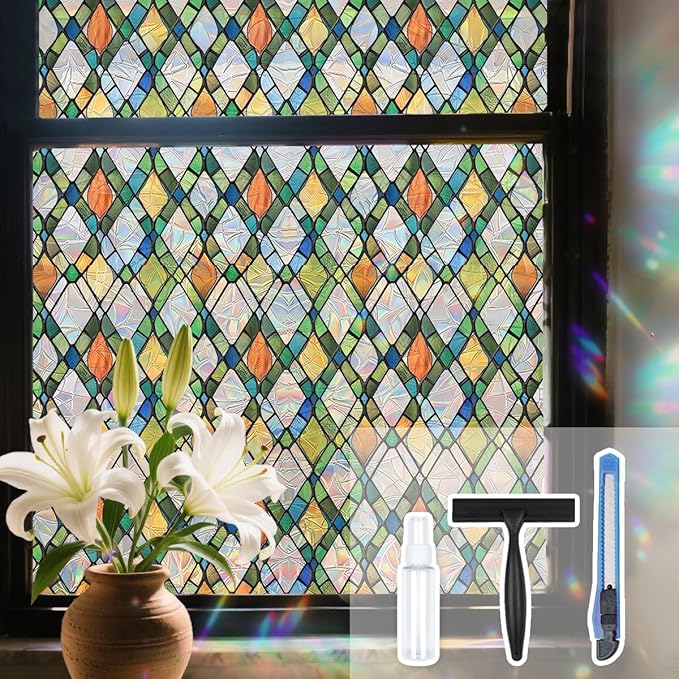 Lattice Stained Glass Window Film Static Cling with Tools - 17.5 x 78.7 Inch Non-Adhesive Privacy Decorative Rainbow Film for Windows, Doors, Sidelights - Easy Install & Remove