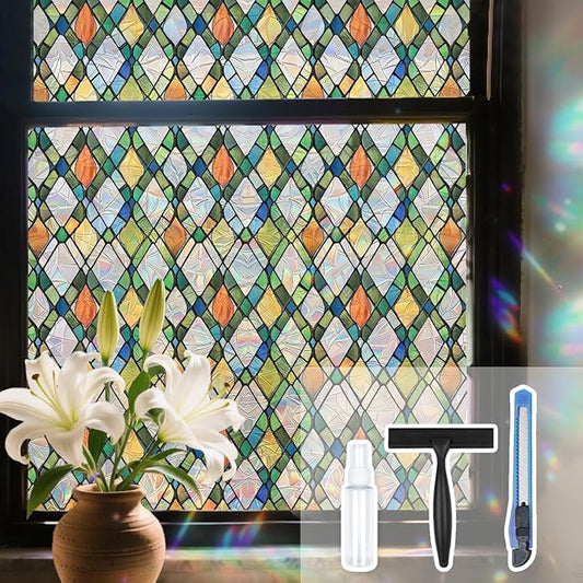 Lattice Stained Glass Window Film Static Cling with Tools - 17.5 x 78.7 Inch Non-Adhesive Privacy Decorative Rainbow Film for Windows, Doors, Sidelights - Easy Install & Remove