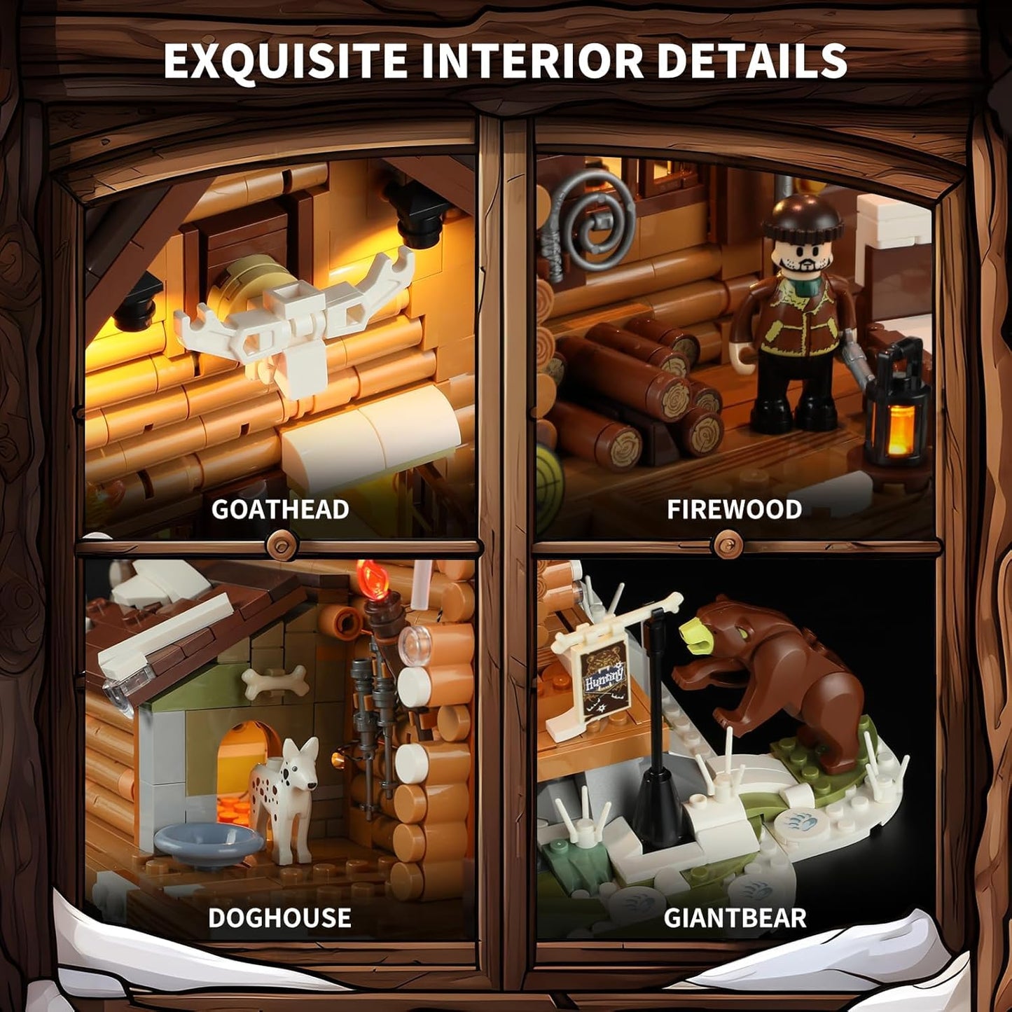 FUNWHOLE Hunting-Cabin Lighting Building-Bricks Set - Retro Wooden Cabin LED Light Construction Building Model Set 2036 Pcs for Adults and Teen