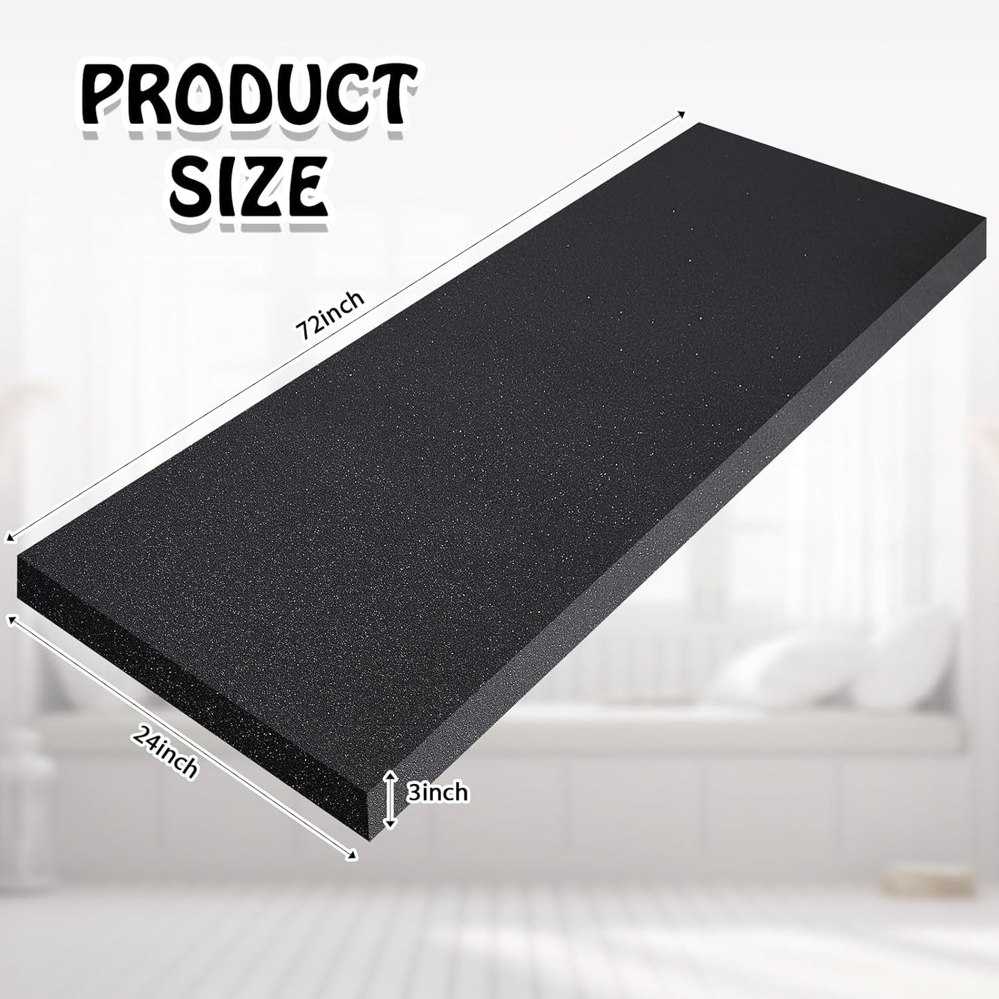 Amylove Polyurethane Foam 24" x 72" High Density Cushion Upholstery Foam Sheet for Seat Replacement DIY Projects Chairs Headboards Sofas Home(3" x 24" x 72",Black)