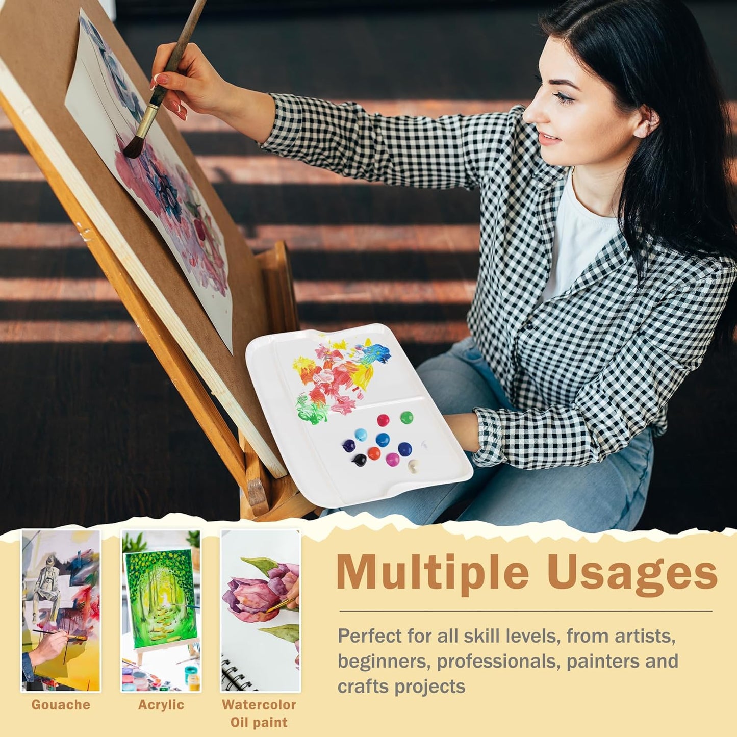 DUGATO Large Rectangular Paint Palettes (2 Pack, 13.8x9 inches) - 3 XL Well Plastic Mixing Trays for Acrylic, Oil, Watercolor & Gouache