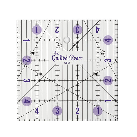 The Quilted Bear Quilting Rulers - Transparent Acrylic Non Slip Quilting, Patchwork & Sewing Ruler with Clear Black Lines & 30, 45 & 60 Degree Angles for Perfect Accuracy & Precision (5" x 5")