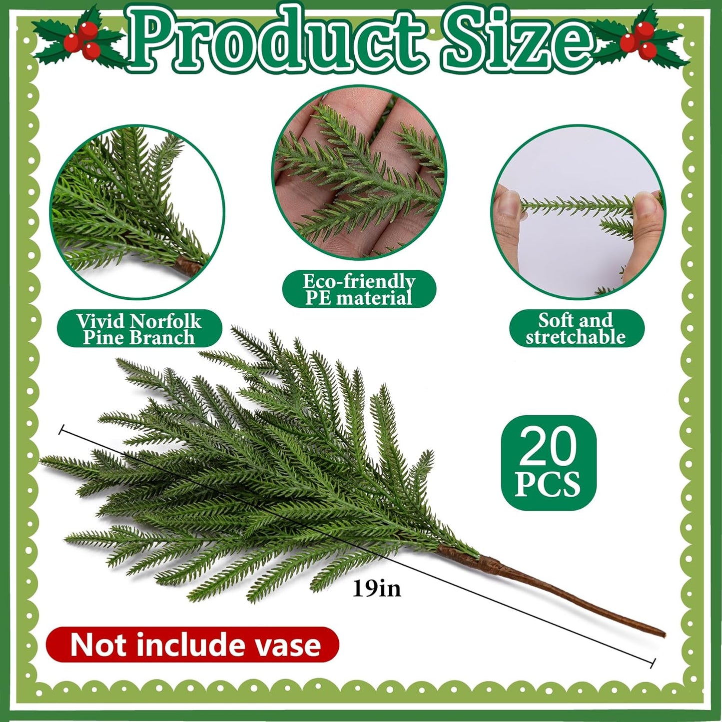 25 Pcs Christmas Norfolk Pine Branches with Red Berry Stems, 19" Extra Long Fake Greenery Norfolk Pine Stems Sprigs, Artificial Xmas Branches Plants Pine Leaves for DIY Craft Garland Home Decor