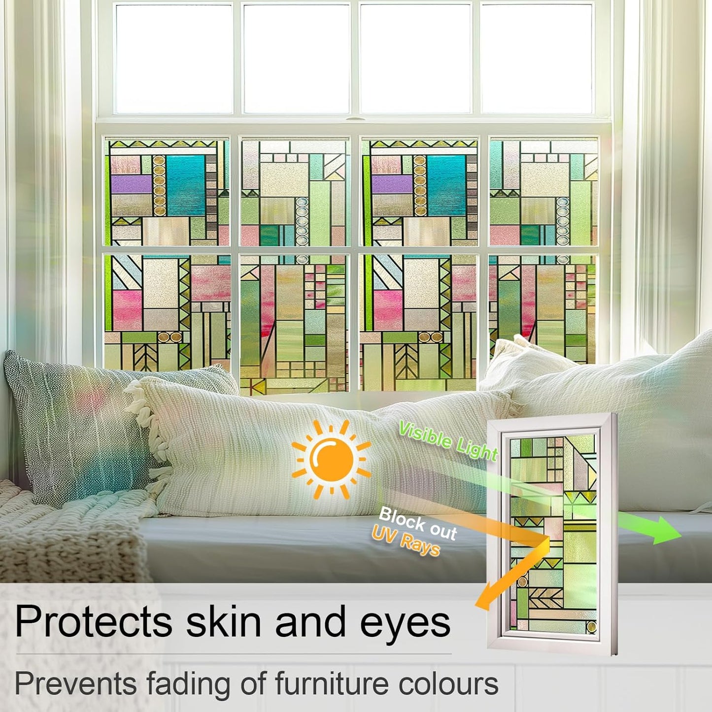 3D Stained Glass Window Privacy Film, Heat Control UV Blocking Static Cling Decorative Window Film for Bathroom,Front Door,Home Non Adhesive 35.4 x 78.7 inches Colorful Abstraction