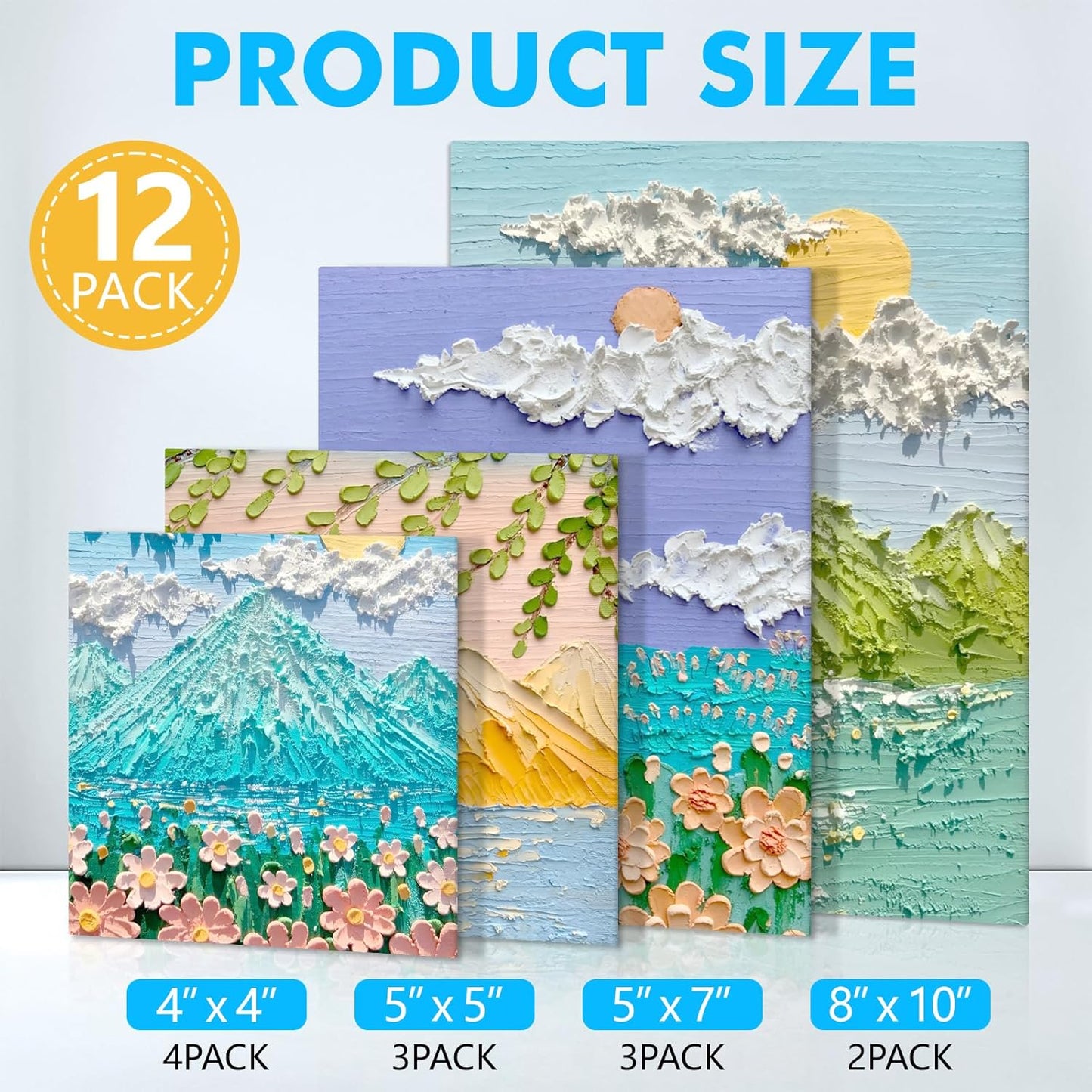 ESRICH Canvas Boards for Painting 12 Pack Art Supplies Paint Canvas 4x4, 5x5, 5x7, 8x10 Blank Large Canvases for Painting-Cotton Primed Canvas Panels for Acrylic, Oil, Gouache & Tempera.