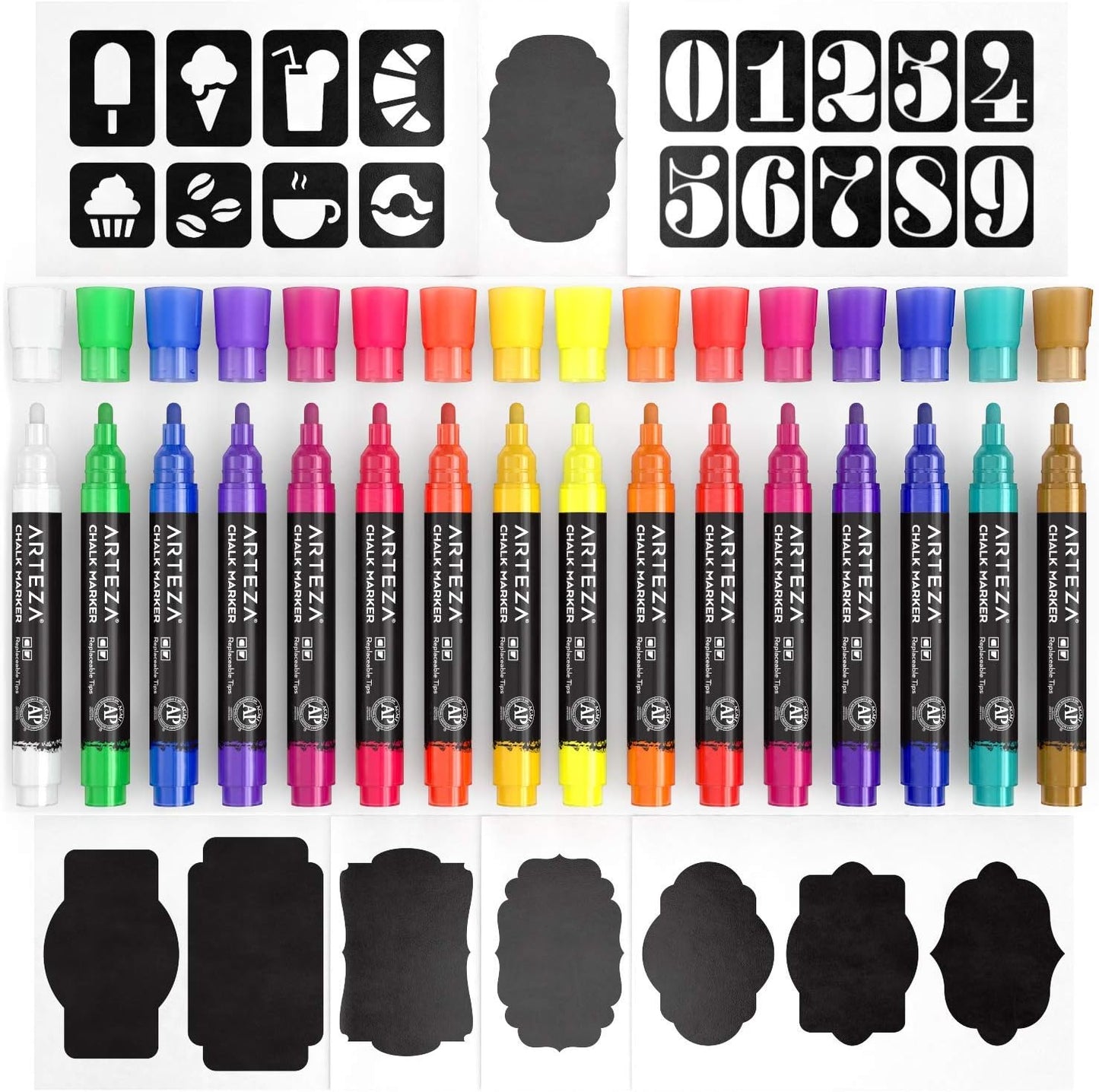 ARTEZA Liquid Chalk Markers, Set of 16 Bright Colors, Chalkboard Pens for Blackboard, Whiteboard, Windows, Mirrors, Glass, Restaurant Menu, Signs.