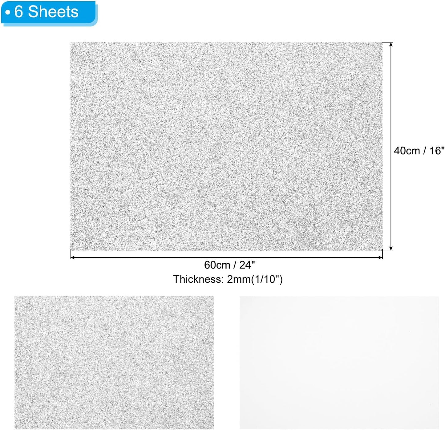 PATIKIL 2mm(1/10") Thick Non Adhesive Glitter Foam Sheet 16x24inch(40x60cm) Silver Tone, EVA Shiny Foam Board for Craft, 6 Pcs