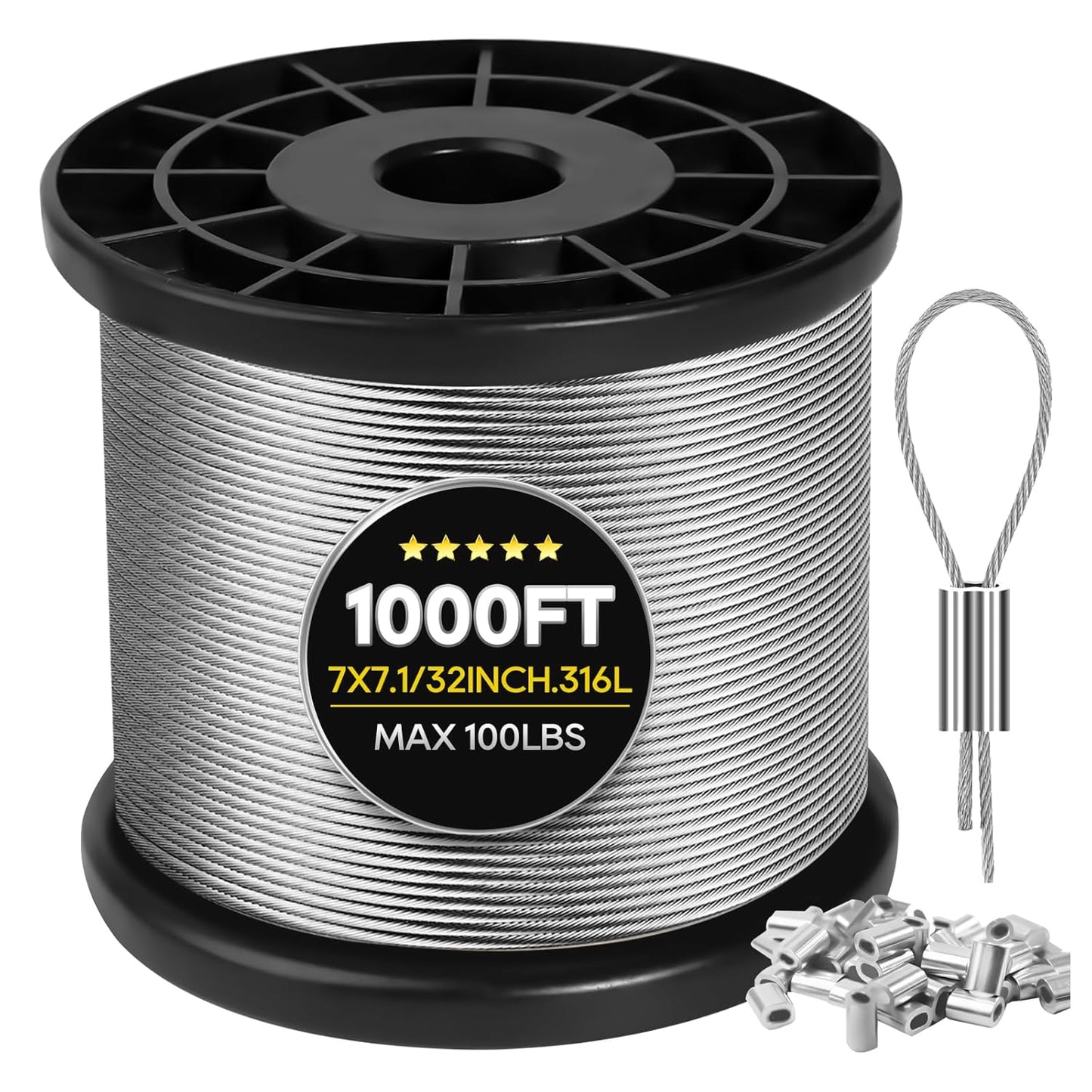 316 Stainless Steel Cable, 1000FT 1/32IN Wire Rope 7 * 7 Strand with 250Pcs Aluminum Sleeves Stops, Guide Wire for Outdoor String Lights for String Lights Hanging, Clotheslines, Trellis (1000FT)