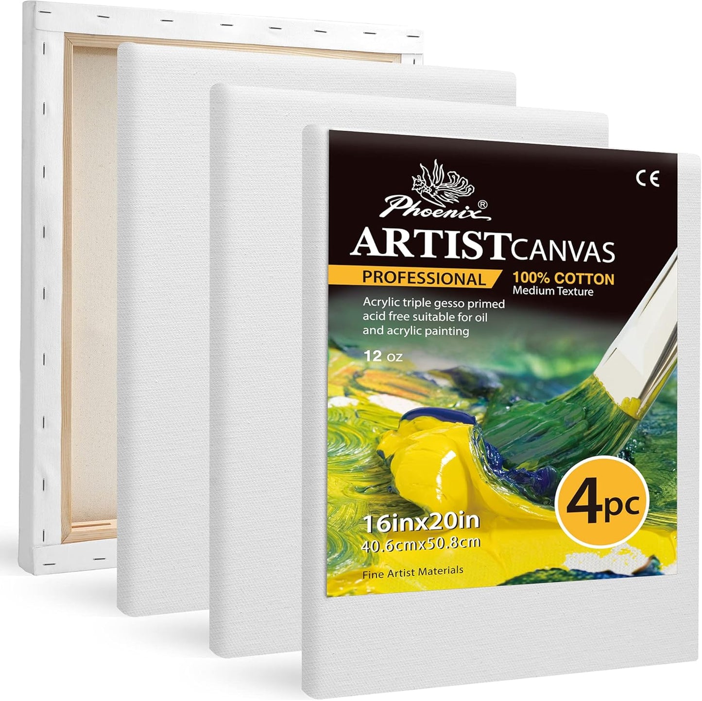 PHOENIX Professional Stretched Canvas for Painting - 16x20 Inch/4 Pack 3/4 Inch Profile, 100% Cotton 12 Oz. Heavy Duty Gesso Triple Primed White Blank Artist Canvases for Oil & Acrylic Paints