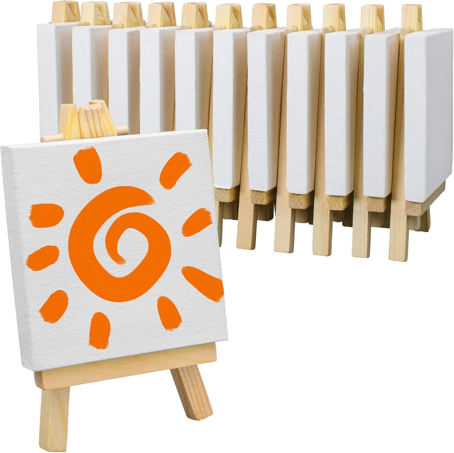 FIXSMITH 3x3 Inch Mini Stretched Canvas Easel Set- Bulk Pack of 12,Small Stretched White Blank Canvas Panels & Wood Easels for Painting Craft Drawing Decoration Gift Art Project DIY, Art Supplies