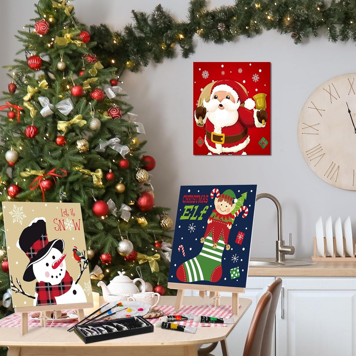 Cholemy 36 Pcs Paint and Sip Kit for Adults 8''x10'' Pre Drawn Canvas for Painting DIY Afro Acrylic Painting Kit Wood Easel Brushes Date Night Bulk for Christmas Party Gifts(Christmas B)