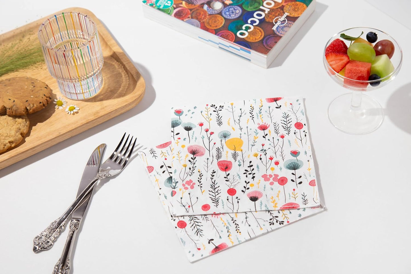 20 pcs Premium Designer Paper Napkins, 3-Ply 6.5x6.5-inches Disposable Decorative Paper Guest White Floral Napkin for Wedding Birthday Anniversary Lunch Dinner Party Baby Shower