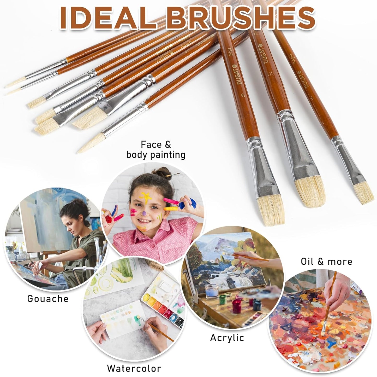 10pcs Short Handle White Hog Hair Artist Paint Brush Set by DUGATO Perfect for Acrylic Oil Gouache Watercolor, Painting Brushes Kit for Kids, Adults Fabulous for Canvas & Fabric