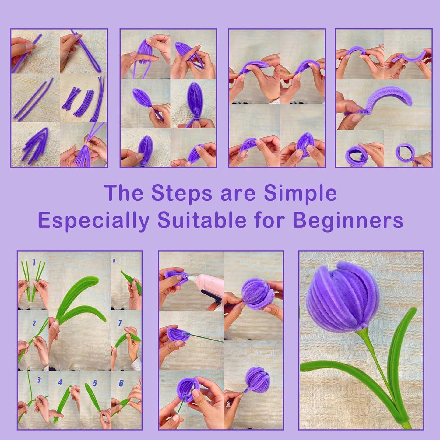 600 Pcs Purple Pipe Cleaners Craft for Flowers,Multiple Assorted Colors Pipe Cleaners Bulk, Chenille Stems for DlY Flower Making Kit.Pink Pipe Cleaners Craft Set(Purple)
