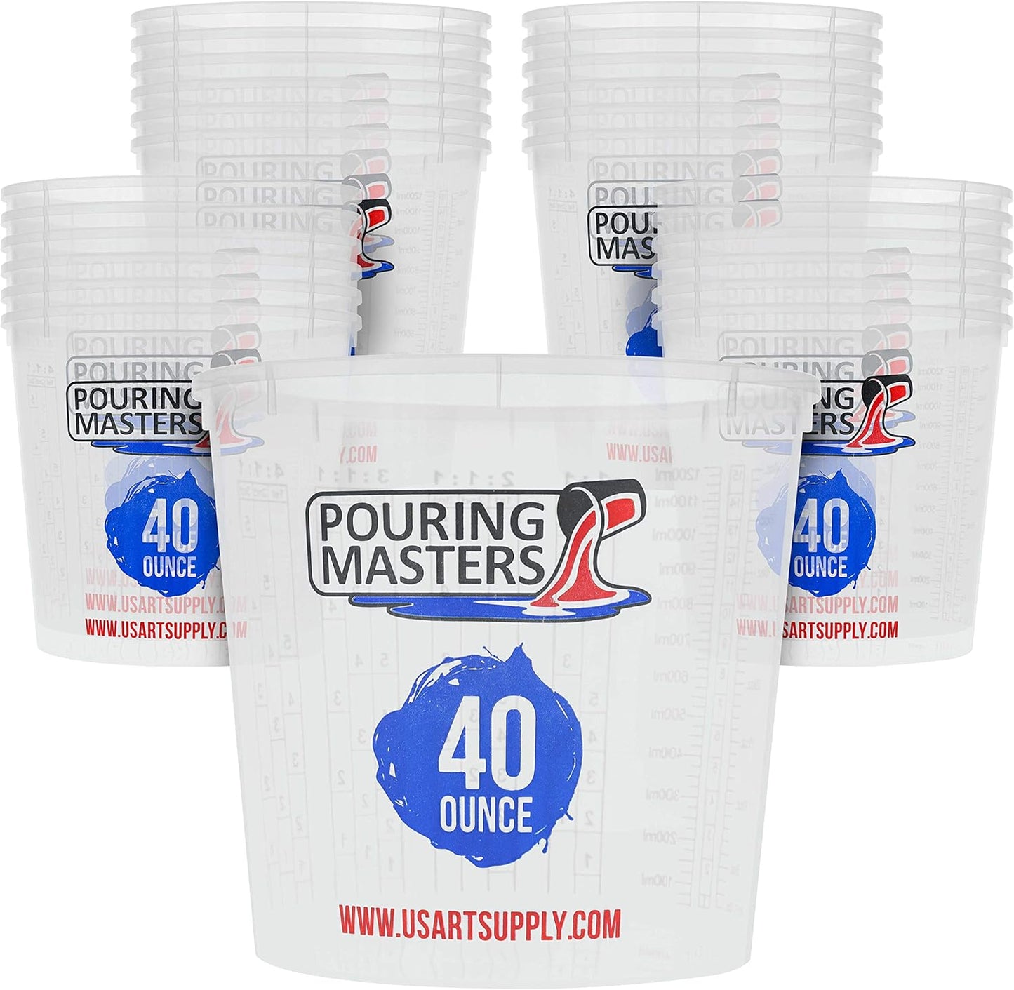 Pouring Masters 40 Ounce (1200ml) Graduated Plastic Mixing Cups (Box of 24) - Paint Mixing Cups for Epoxy Resin, Art, Kitchen, Baking - Measurements in OZ and ML, 4 Different Measuring Ratios 1:1