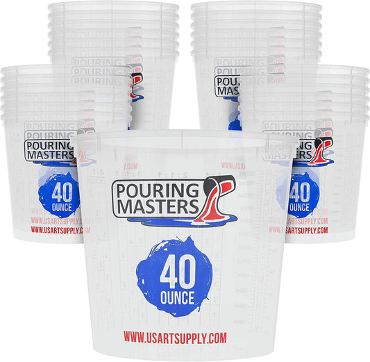 Pouring Masters 40 Ounce (1200ml) Graduated Plastic Mixing Cups (Box of 24) - Paint Mixing Cups for Epoxy Resin, Art, Kitchen, Baking - Measurements in OZ and ML, 4 Different Measuring Ratios 1:1