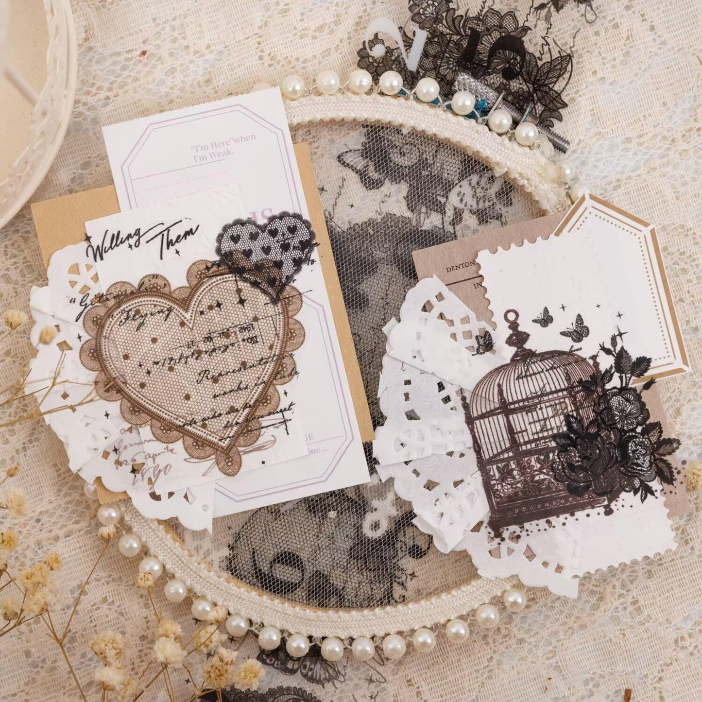 3pcs Vintage Lace Tape Cutout Art Lace Black White Stickers Roll Sticker PET Reusable Exquisite Lace Heart Pattern Tape for DIY Scrapbook Album Journal Photo Frames Decor