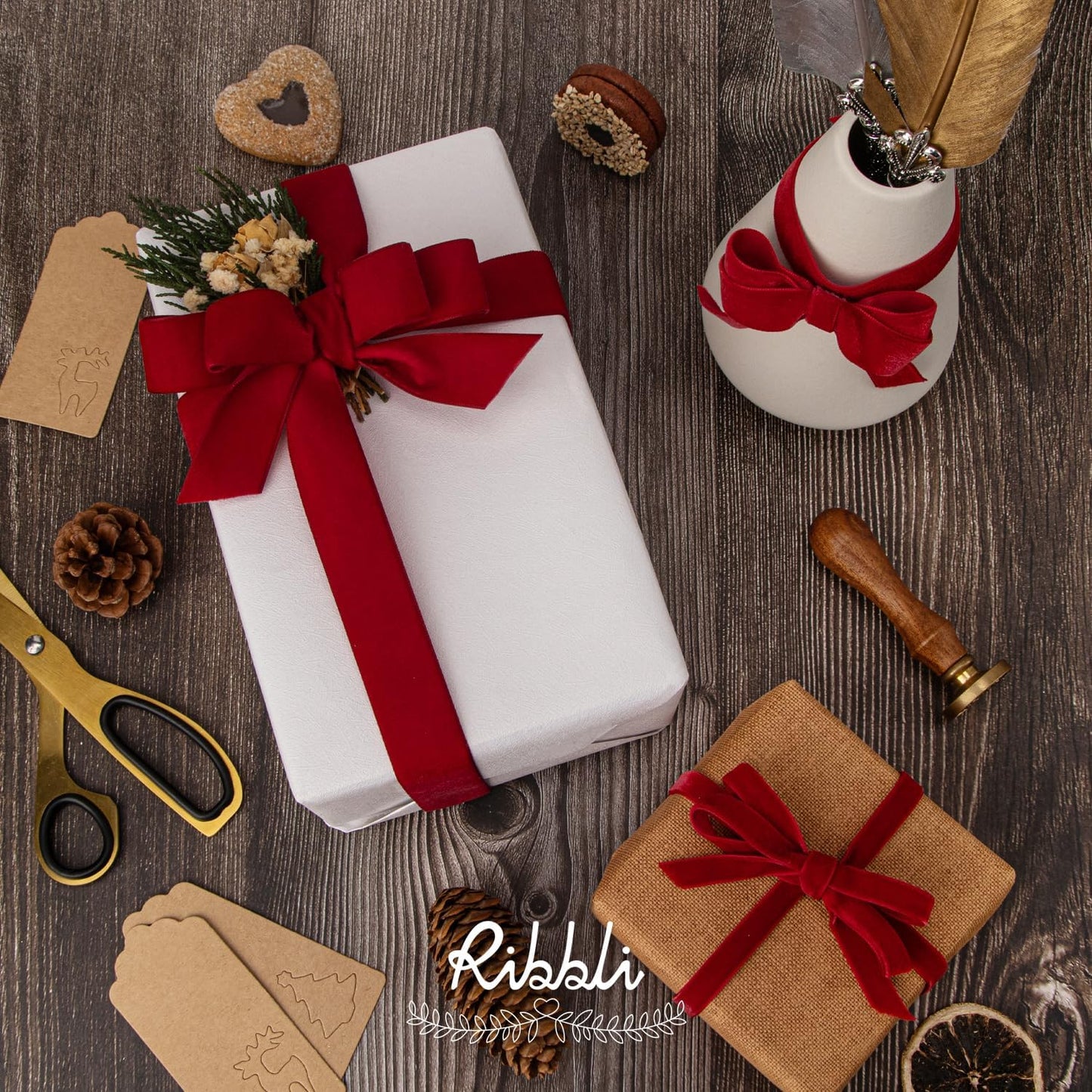 Ribbli Polyester Dark Red Velvet Ribbon,1 Inches Continuous10-Yard Spool,Christmas Ribbon for Gift Wrapping,Floral Bouquets, Home Decor