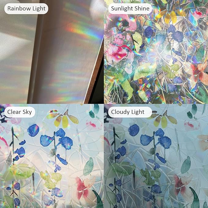 Rainbow Suncatcher Floral Window Film, Privacy Iridescent Static Cling Double-Sided Decals for Window Door Glass Decor, Spring Colorful Flower, 118.11" x 16.93"
