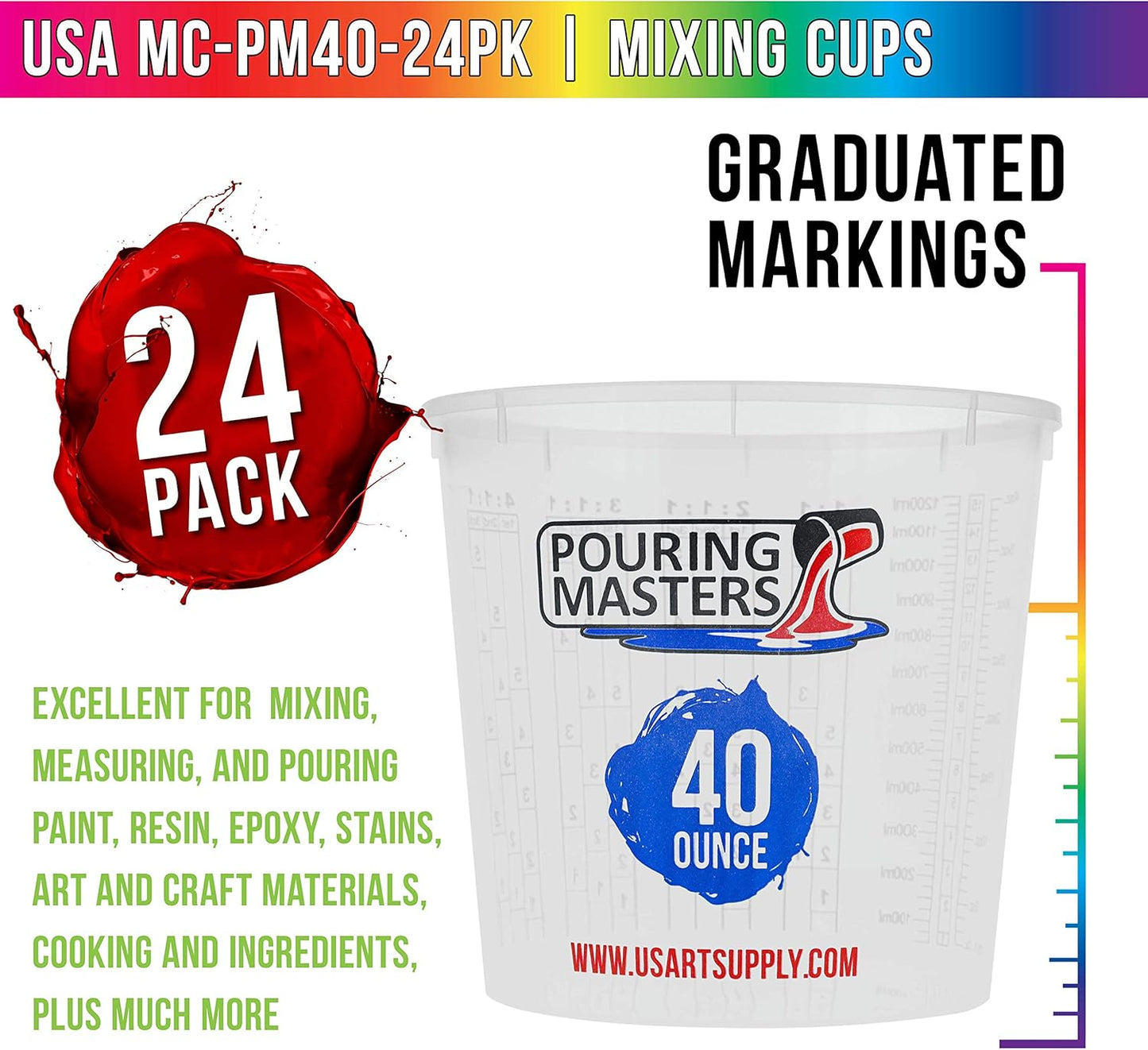 Pouring Masters 40 Ounce (1200ml) Graduated Plastic Mixing Cups (Box of 24) - Paint Mixing Cups for Epoxy Resin, Art, Kitchen, Baking - Measurements in OZ and ML, 4 Different Measuring Ratios 1:1