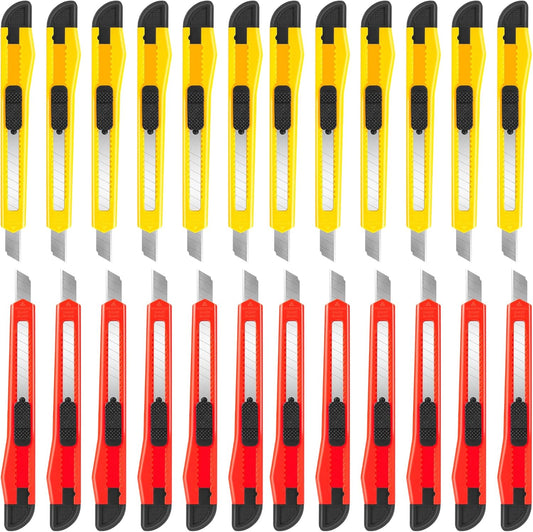 DIYSELF 24 Pack Box Cutters Bulk (9mm Wide Blade Cutter) Utility Knife Retractable, Razor Knife Exacto Knife, Compact, Extended Use for Heavy Duty Office, Home, Crafts, Hobby, Disposable Box Cutter