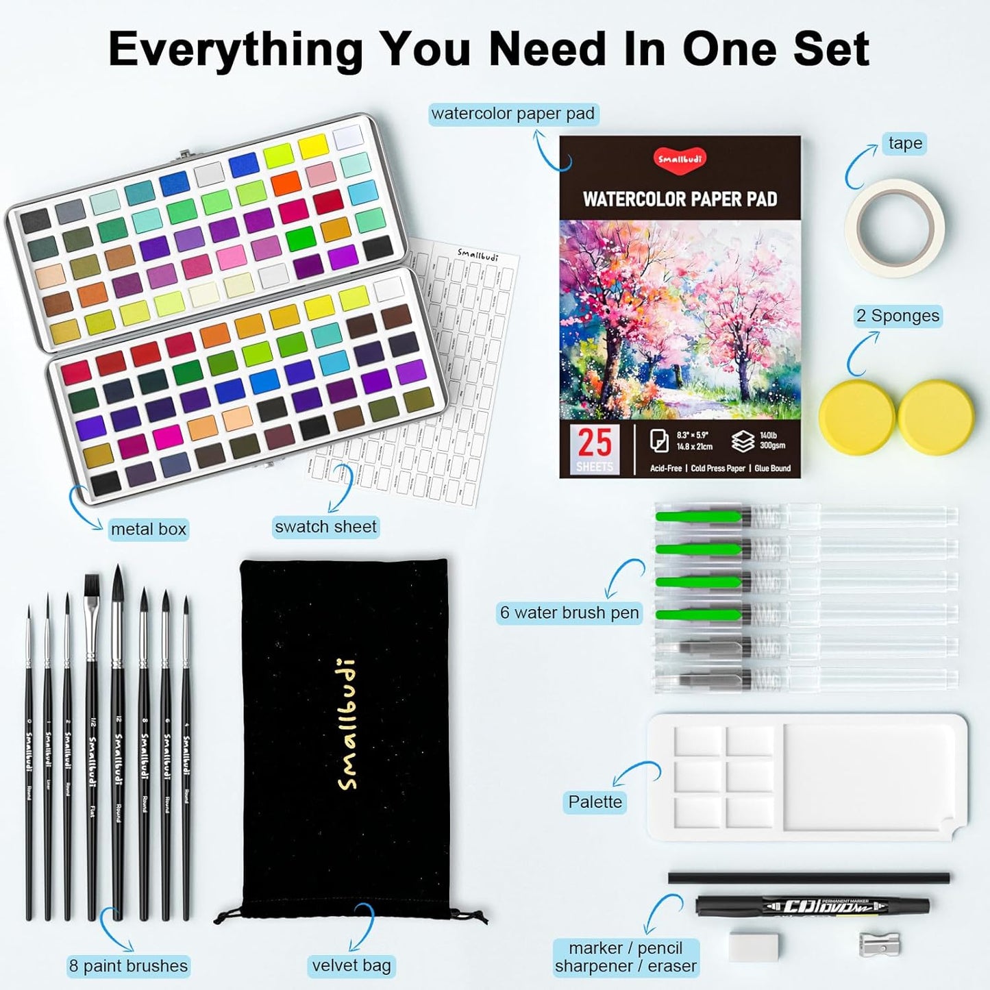 Watercolor Paint Set 100 Colors Including Metallic, Watercolor Kit with Case, Watercolor Paper, Paint Brushes, Palette and Accessories, Water Color Art Supplies Gift for Adults Kids Artists