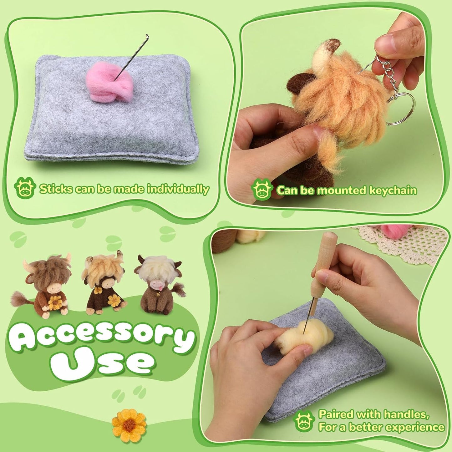 Yizzvb Needle Felting Kit, Highland Cow Family Needle Felt Beginner Kits with Instruction, Wool, Felting Needles, Felting Pad, Wool Felting Kits for Beginners Home Decoration