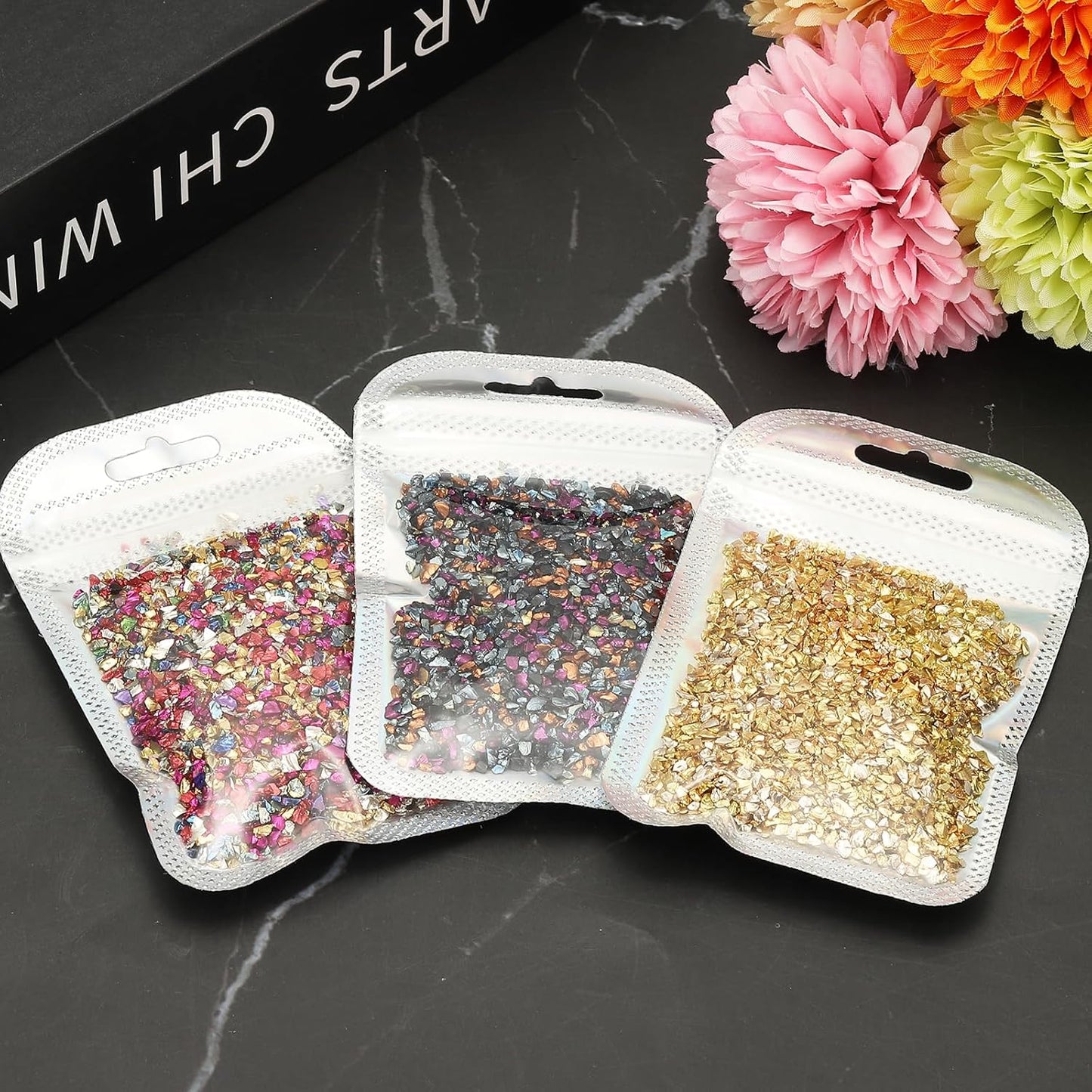 uxcell 6 Colors Crushed Glass Chips, 1-3mm Irregular Glitter Metallic Glass Broken Glasses Pieces with Laser Bag for Craft DIY Vase Epoxy Halloween Decoration 31.5g, Multicolored