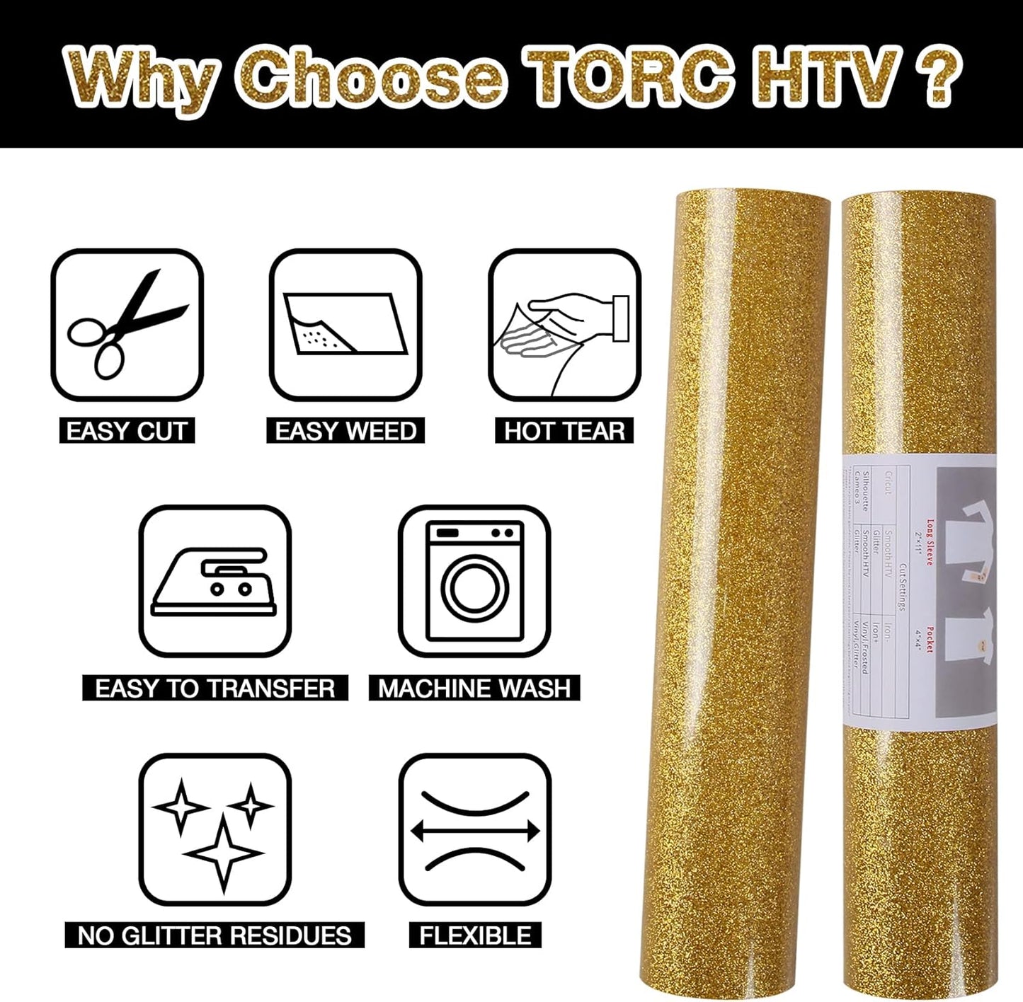 TORC Gold Glitter HTV Heat Transfer Vinyl Roll 12 inch x 20 ft Sparkly Iron on Vinyl for T Shirts Crafts Bulk