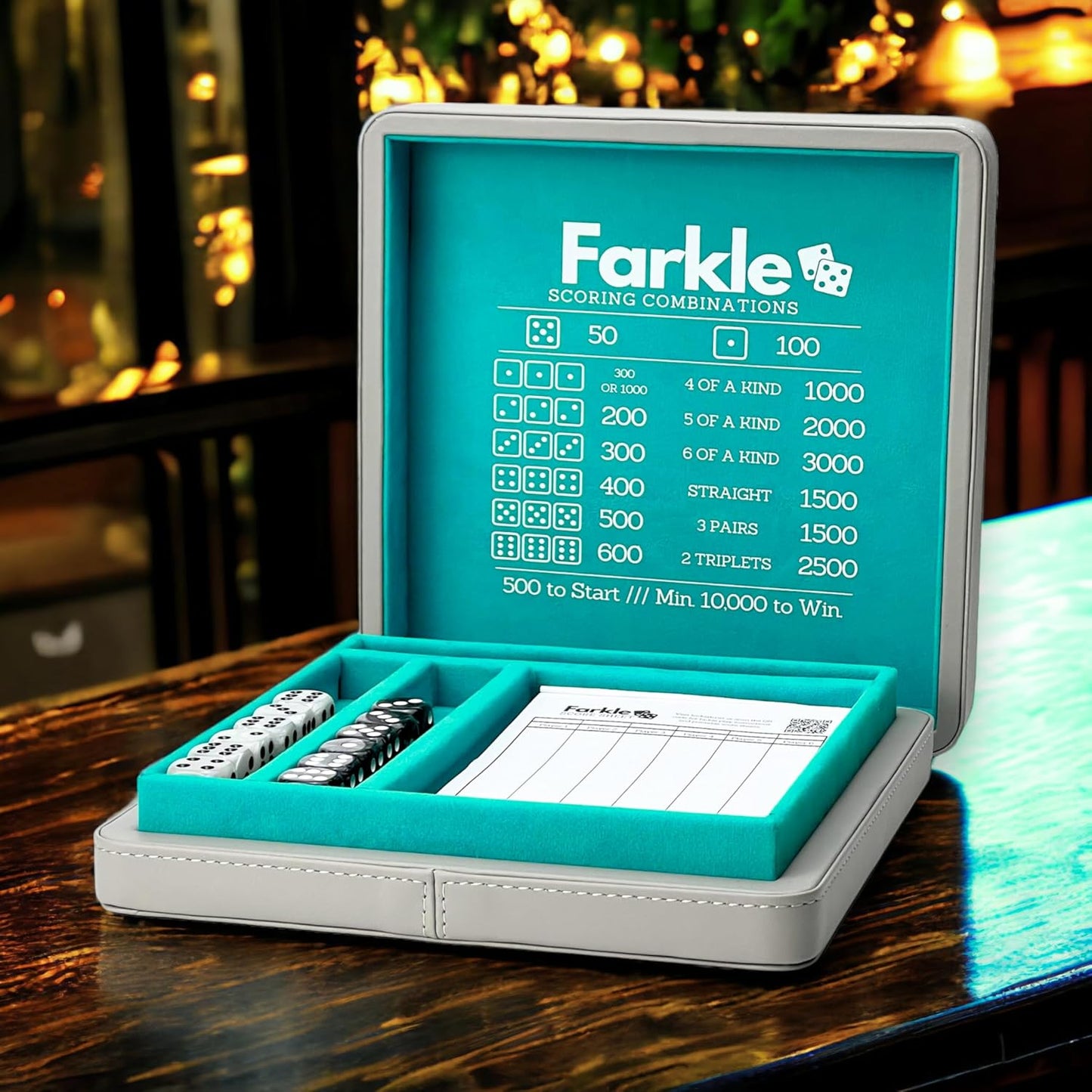 Luck Lab Farkle Dice Tray and Storage Case - Includes Embedded Scoring Combinations, 2 Sets of 6 Pearl Dice, 40 Sheet Score Pad and Pen Holder for The Classic Family Game (Grey and Turquoise)
