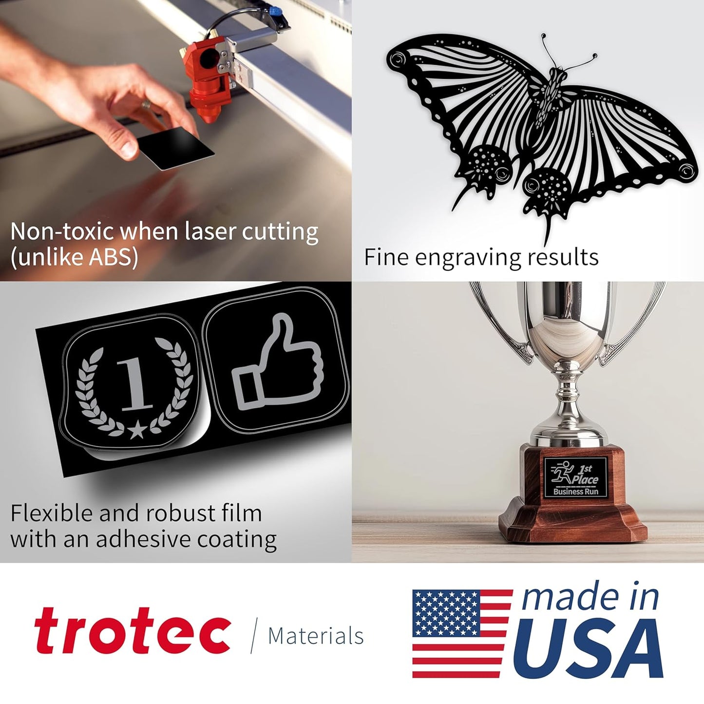 Trotec TroLase | 12"x24"x1/16", 4 Pcs | Black/Silver | 2 Ply | Modified Acrylic | Laser Engraving Double Color Plastic Sheet | Engraving Blanks for Laser, Saw, Guillotine | Made in USA