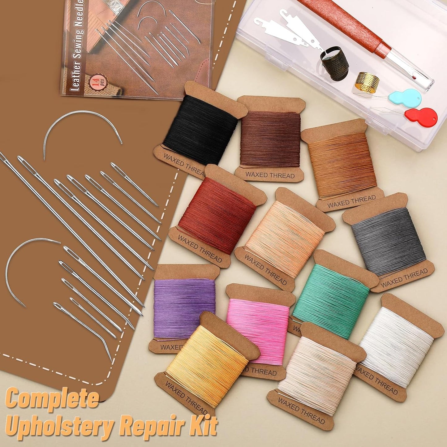 IMZAY Upholstery Repair Kit, Waxed Sewing Thread (12Colors), Heavy Duty Needles(14 PCS), 264 Yards Strong Sewing Thread with Thimbles for Canvas, Leather Sewing