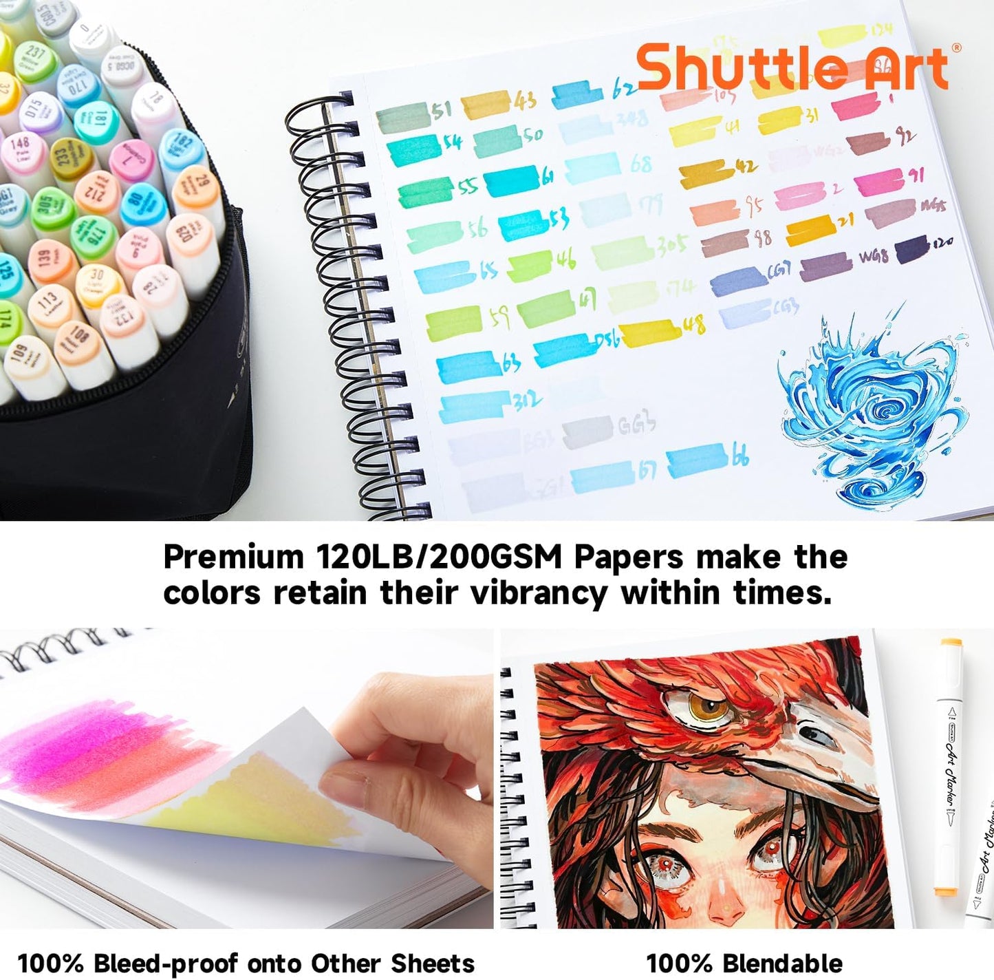 Shuttle Art Marker Pad, 8.3”x8.9” Portable Square Sketchbook, 80 Sheets Marker Drawing Paper, 120LB/200GSM Bleedproof Art Paper, Spiral-Bound, Great for Professional Artist to Draw, Paint & Sketch