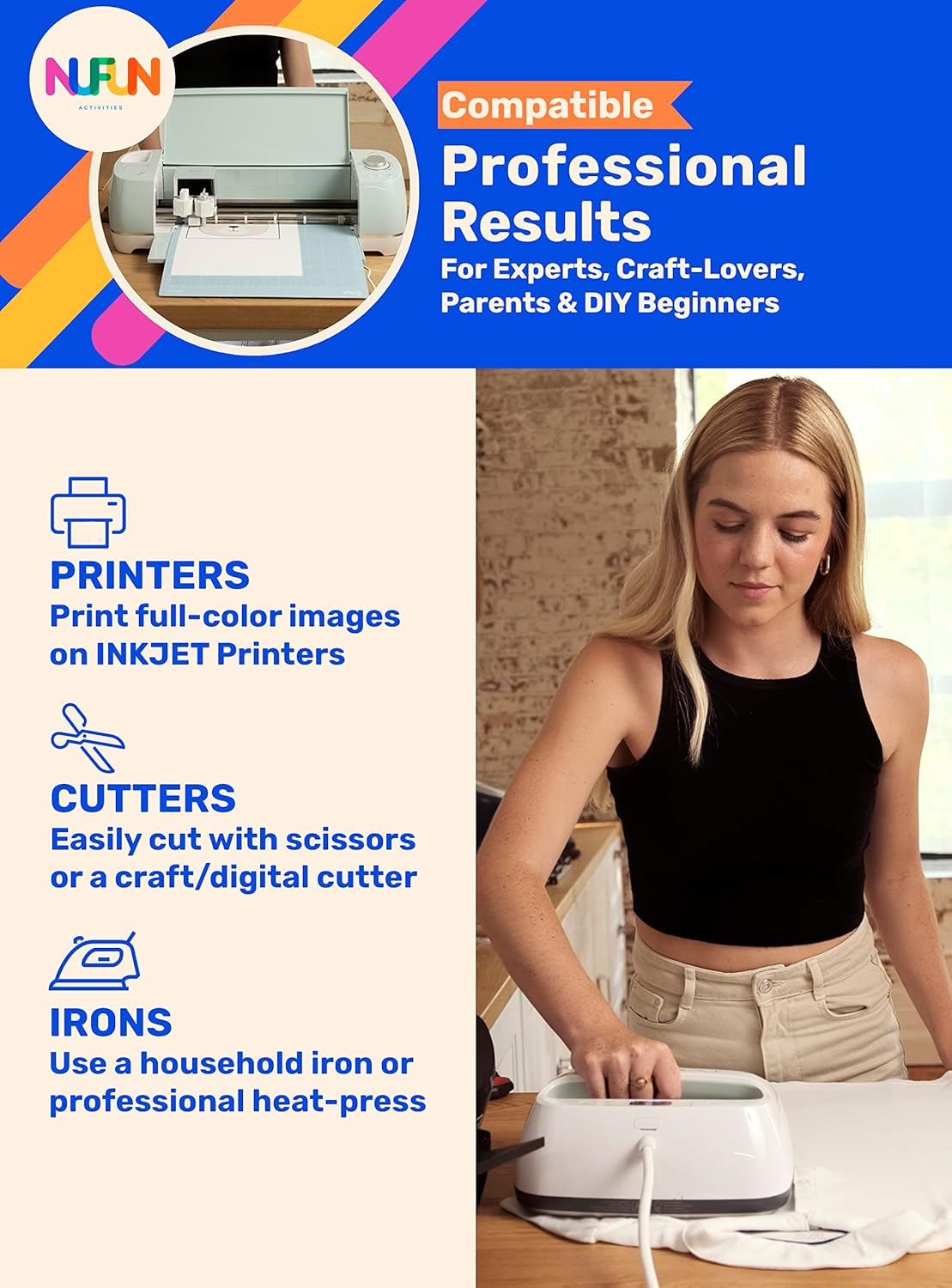 NuFun Activities Printable Iron-on Heat Transfer Paper for T Shirts, Light Fabrics, 100 Sheets 8.5 x 11 inch, Long Lasting, Durable, Professional Quality, Easy DIY, Non-Toxic, Made In the USA