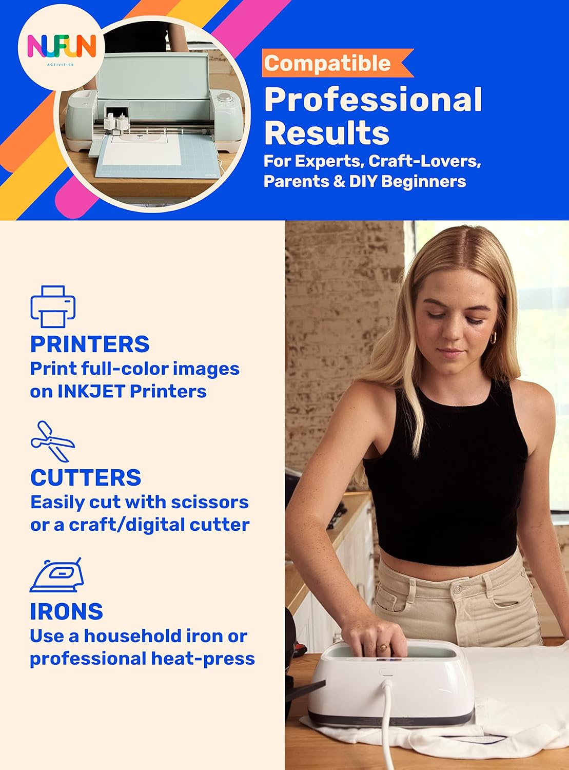 NuFun Activities Printable Iron-on Heat Transfer Paper for T Shirts, Light Fabrics, 500 Sheets 8.5 x 11 inch, Long Lasting, Durable, Professional Quality, Easy DIY, Non-Toxic, Made In the USA